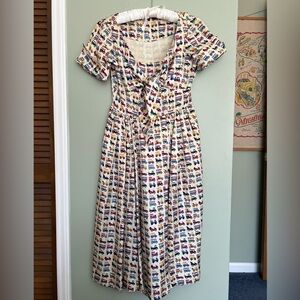 RARE Vintage 1950s Multi Color Colorful Silk Novelty Print Classic Cars Dress